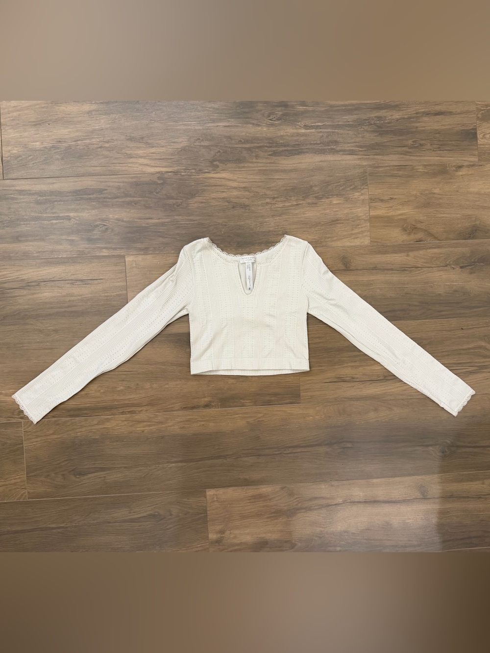 Altar'd State Off-White Open-Knit Long-Sleeve Crop Top